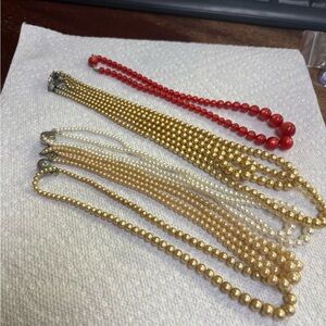 Vintage  faux pearls and Red Beaded Necklace Set